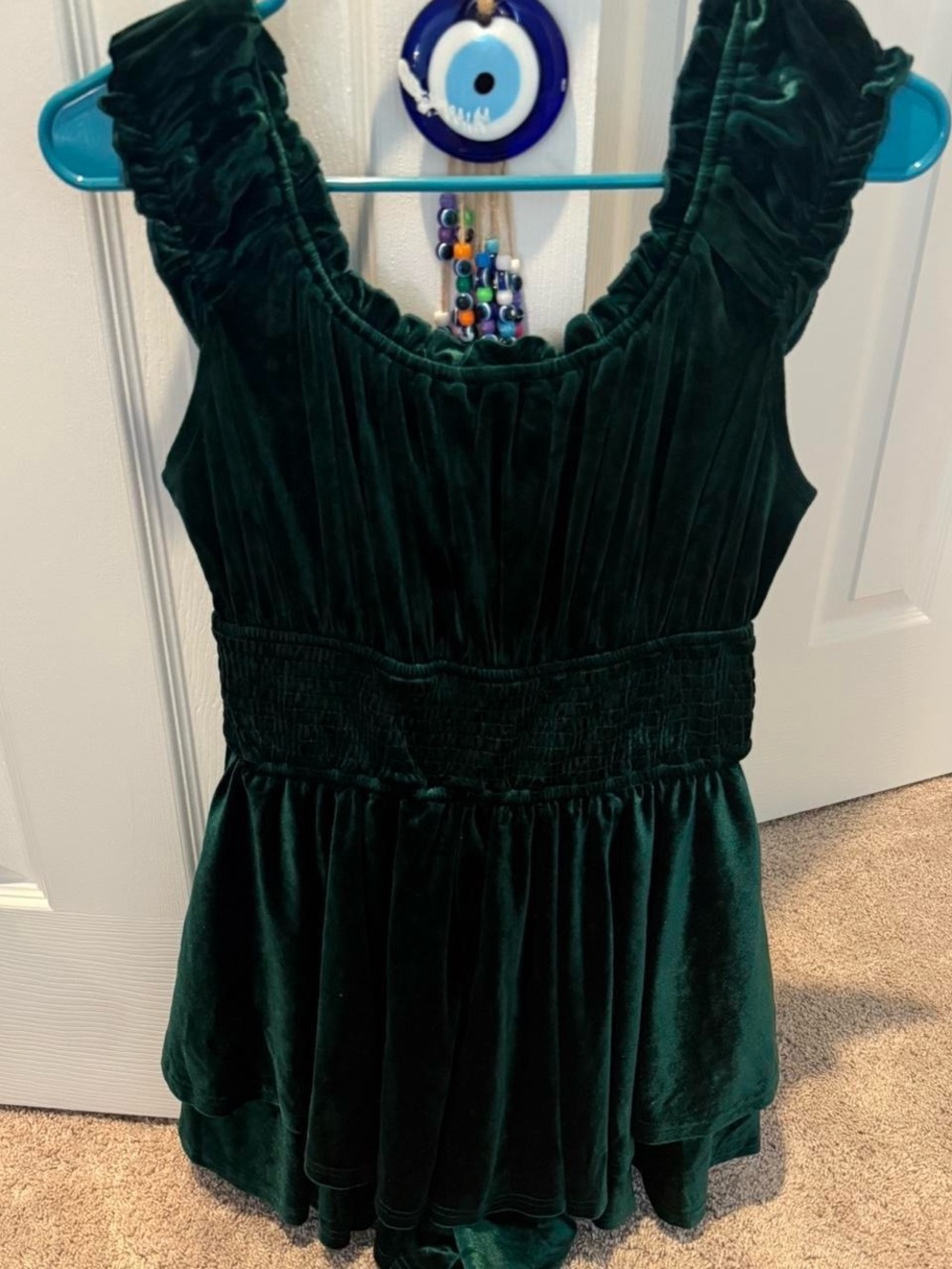 Urban Outfitters Dark Green Velvet Ruffled Jumpsuit Romper
